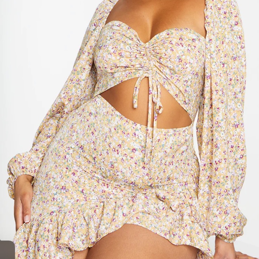 Plus Pink Floral Print Cut Out Puff Sleeve Dress